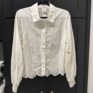 Cabi white lace button down